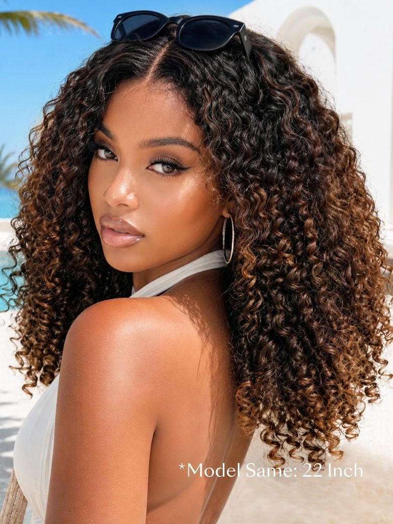 7x5 Bye Bye Slip™ Glueless Lace Black to Chestnut Brown Ombre Burmese Curly With Finger Coil Ends Wi