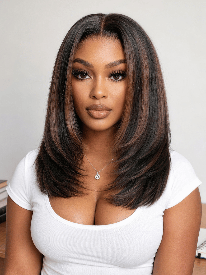 Bye Bye Slip 7x5 Lace Chocolate Brown with Auburn Highlights Shoulder Length Layered Bob Glueless Wig