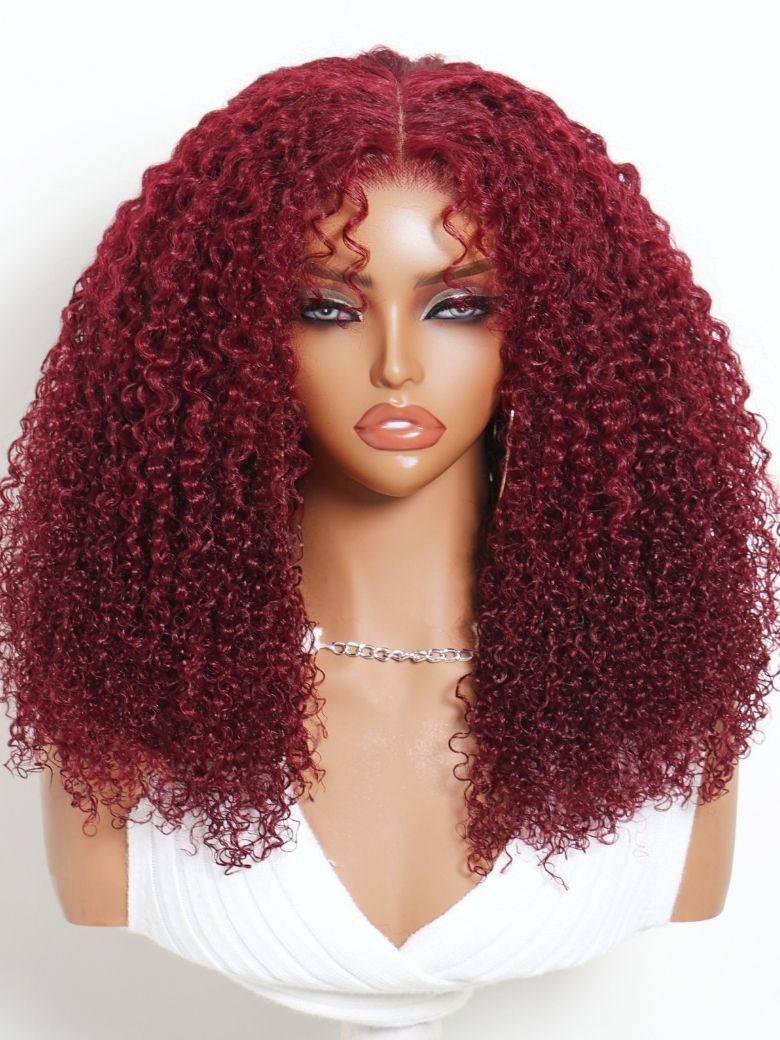 [18"=$89] UNice Bye-Bye Slip™ 7x5 Lace Glueless Cherry Red Layered Kinky Curly Wig with Soft Curly Bangs