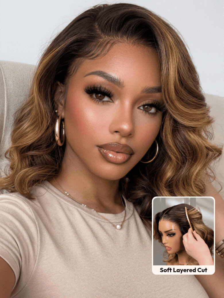 UNice Body Wave Bob Honey Blonde Highlights Wig Bye-Bye Slip™ 13×4 Lace Front Glueless Glam-Ready Date Night Chic Face-Flattering Blonde Dimension