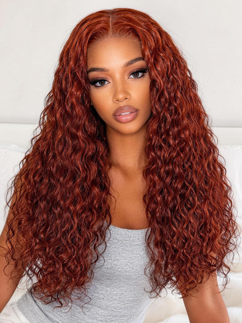Reddish Brown Water Wave Wig Bye-Bye Slip 7×5 Lace Closure Glueless Glam-Ready Vibrant Flowing Waves Vacation Style