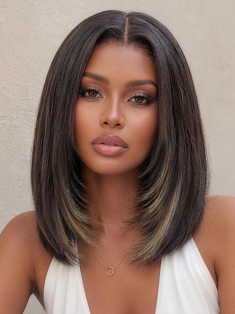 UNice Blonde Highlights Layered Yaki Straight Bob Wig Bye-Bye Slip™ 7×5 Lace Closure Glueless Glam-Ready Sophisticated Style Confident Look