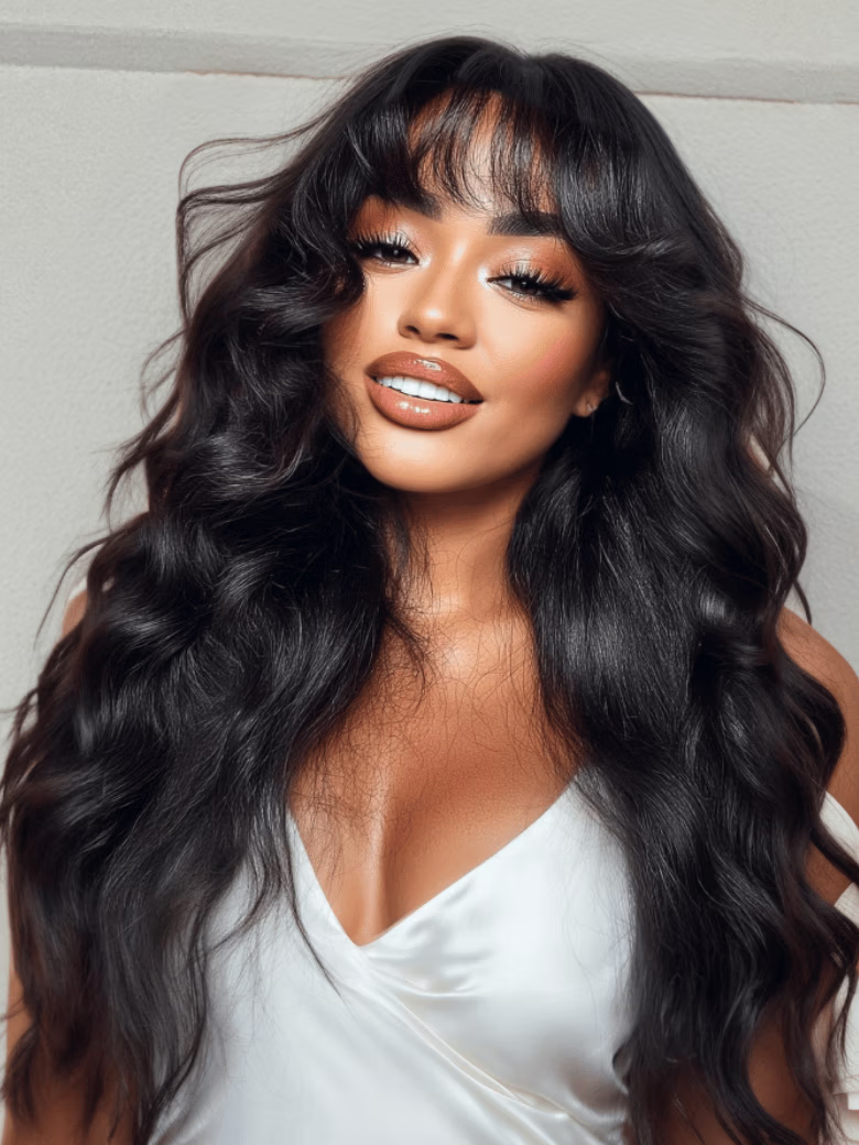 [From 22"]13x4 Pre-Everything Lace Frontal Pull And Go Black Fluffy Natural Loose Wave Curtain Bangs Wig