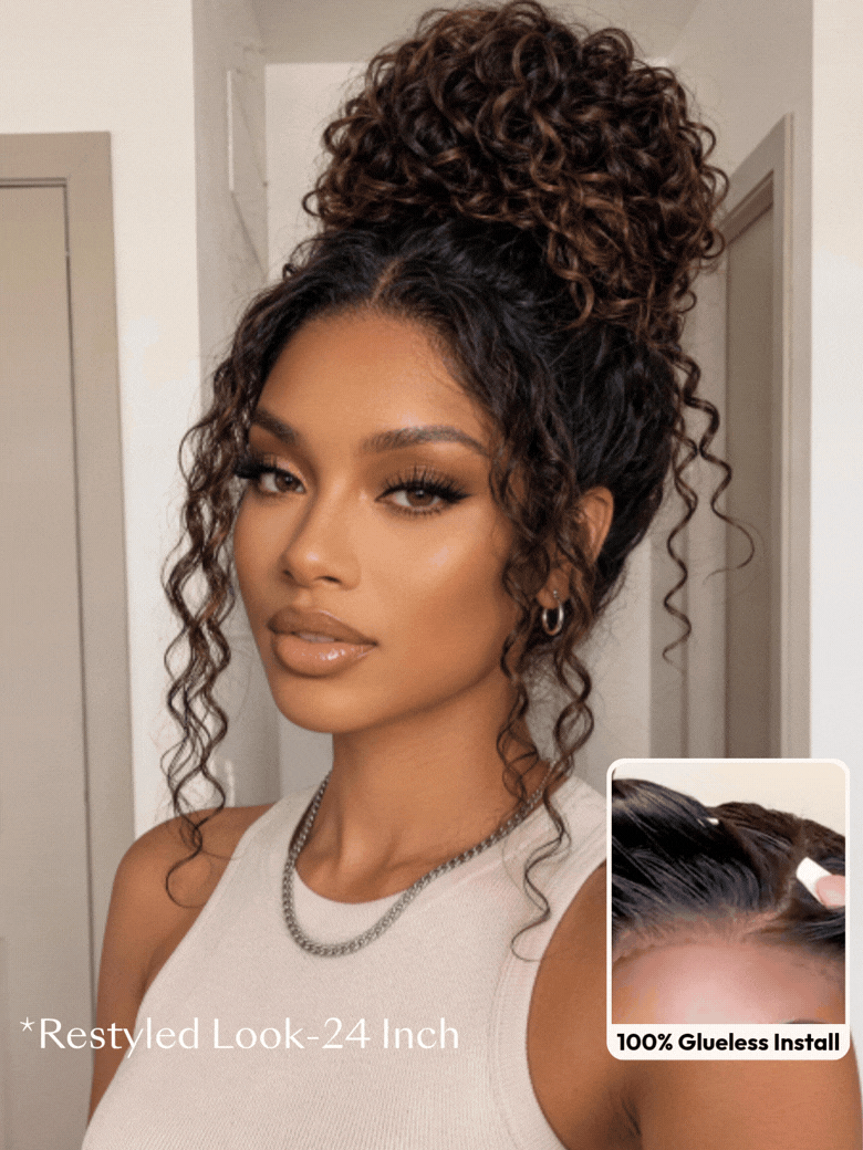 UNice Golden Brown Highlights Water Wave Bye-Bye Slip™ Glueless Human Hair Drawstring Wig