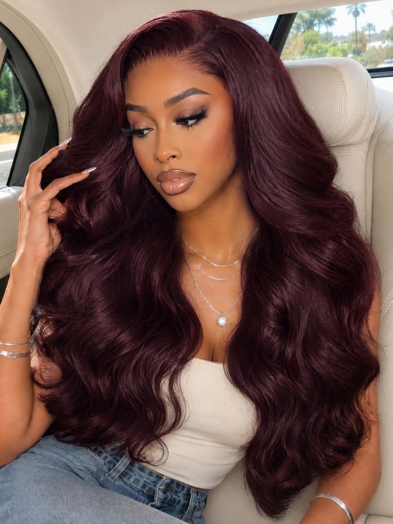 Black Cherry Voluminous Curls Wig With Side-Swept Bangs Bye-Bye Slip 7×5 Lace Closure Glam-Ready Bouncy Blowout Waves Camera-Ready