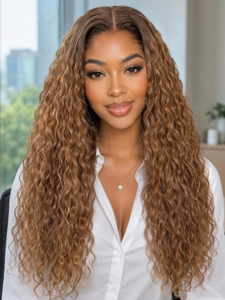 Warm Honey Golden Brown Water Wave Bye-Bye Slip 7x5 Lace Glueless Wear and Go Wig for Beginners