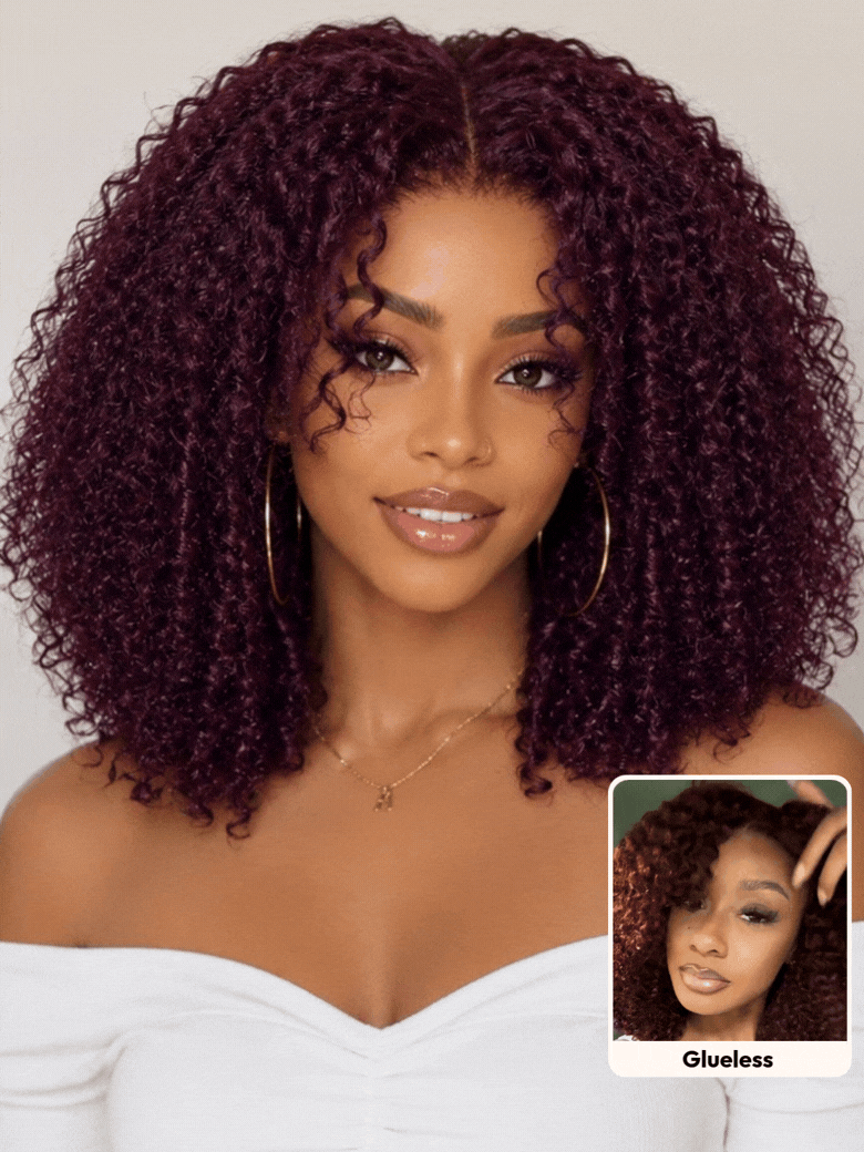 Black Cherry Afro Kinky Curly Bye-Bye Slip Throw-and-Go Glueless Lace Human Hair Wig