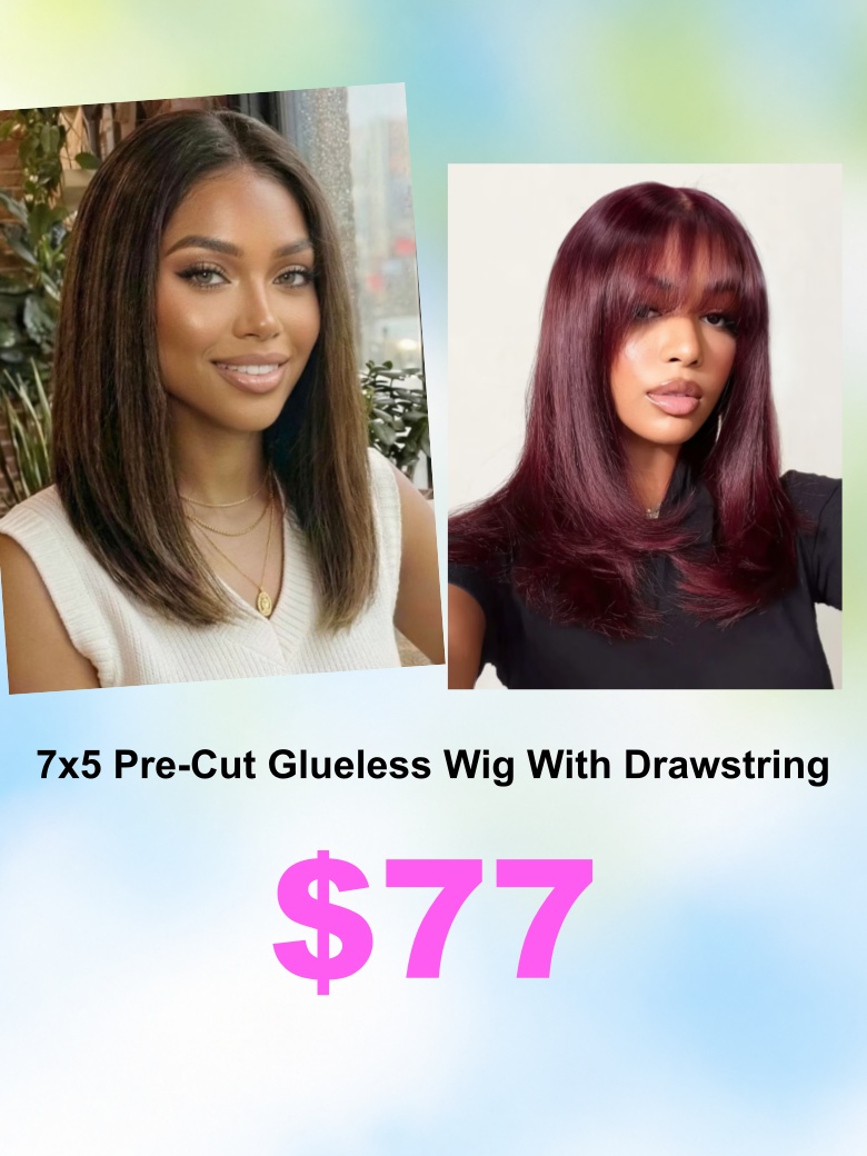 7x5 Bye Bye Slip Lace Balayage Highlights Yaki Straight Bob Wig&Black Cherry Face-framing Layer Cut with Wispy Bangs Bob Wig with Invisi Drawstring