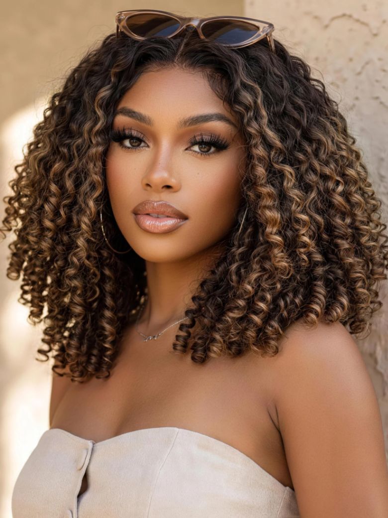 Chestnut Brown Ombre Burmese Curly Wig with Finger-Coil Ends Bye-Bye Slip 7×5 Lace Closure Glueless Glam-Ready