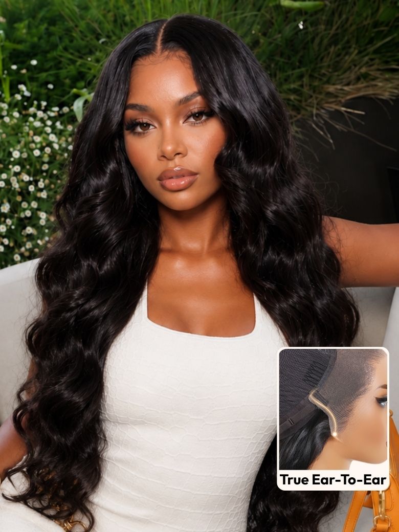 Natural Black Body Wave Bye-Bye Slip 14x4 Lace Front Human Hair Wig with Seamless Extended Lace Coverage