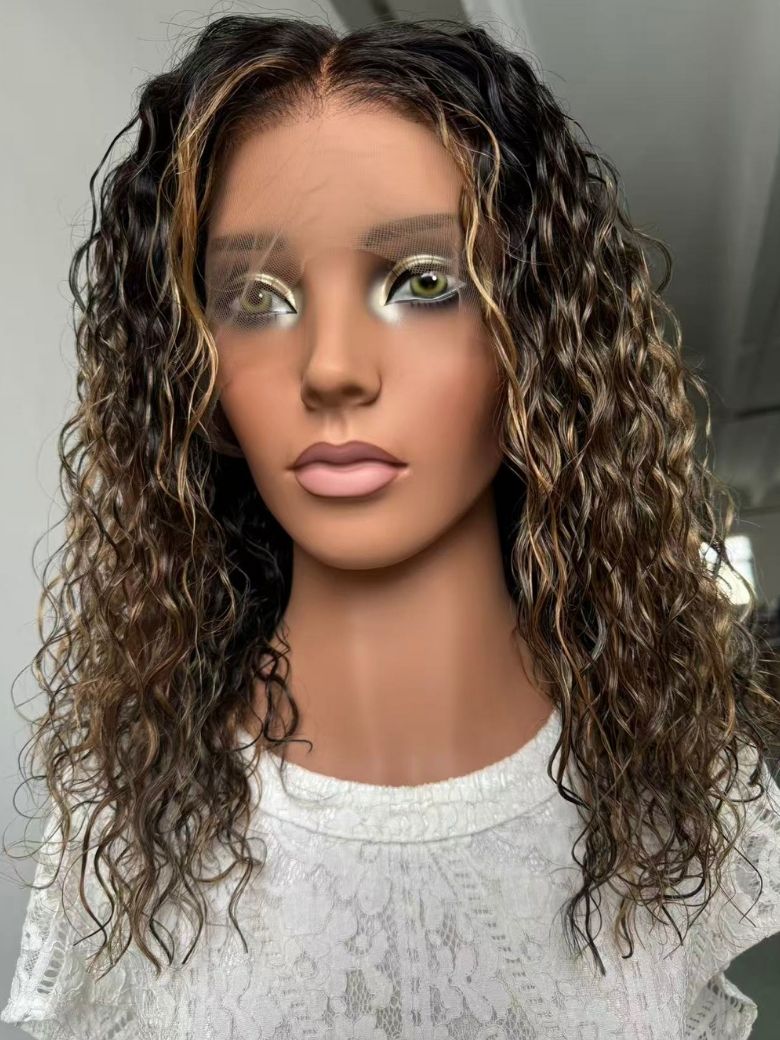 Dark Rooted Honey Blonde Highlights Water Wave 360 HD Lace Salon-Dyed Human Hair Wig with Versatile Parting