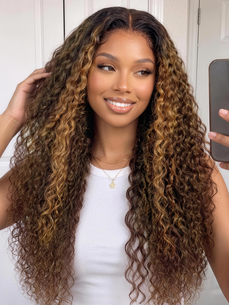7x5 Bye Bye Slip Lace Brown With Honey Blonde Face-Framing Highlights Water Wave Drawstring Wig