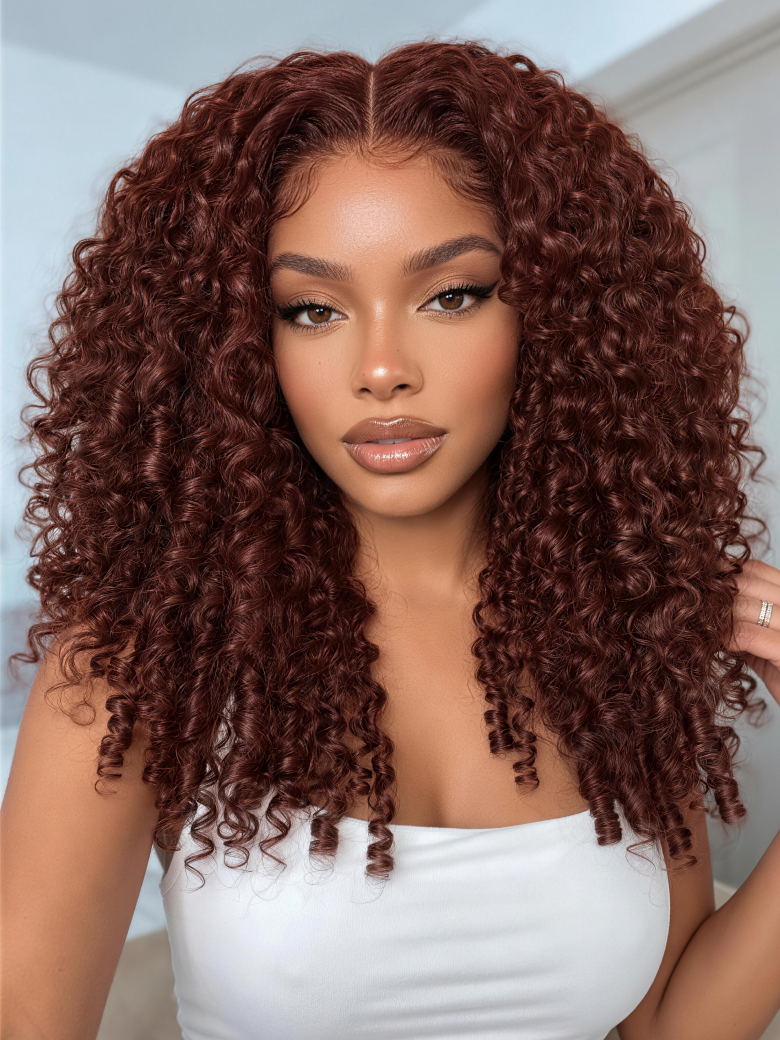 UNice Reddish Brown Burmese Curly Wig With Finger Coil Ends Bye-Bye Slip™ 7×5 Lace Closure Glueless Glam-Ready Natural Volume
