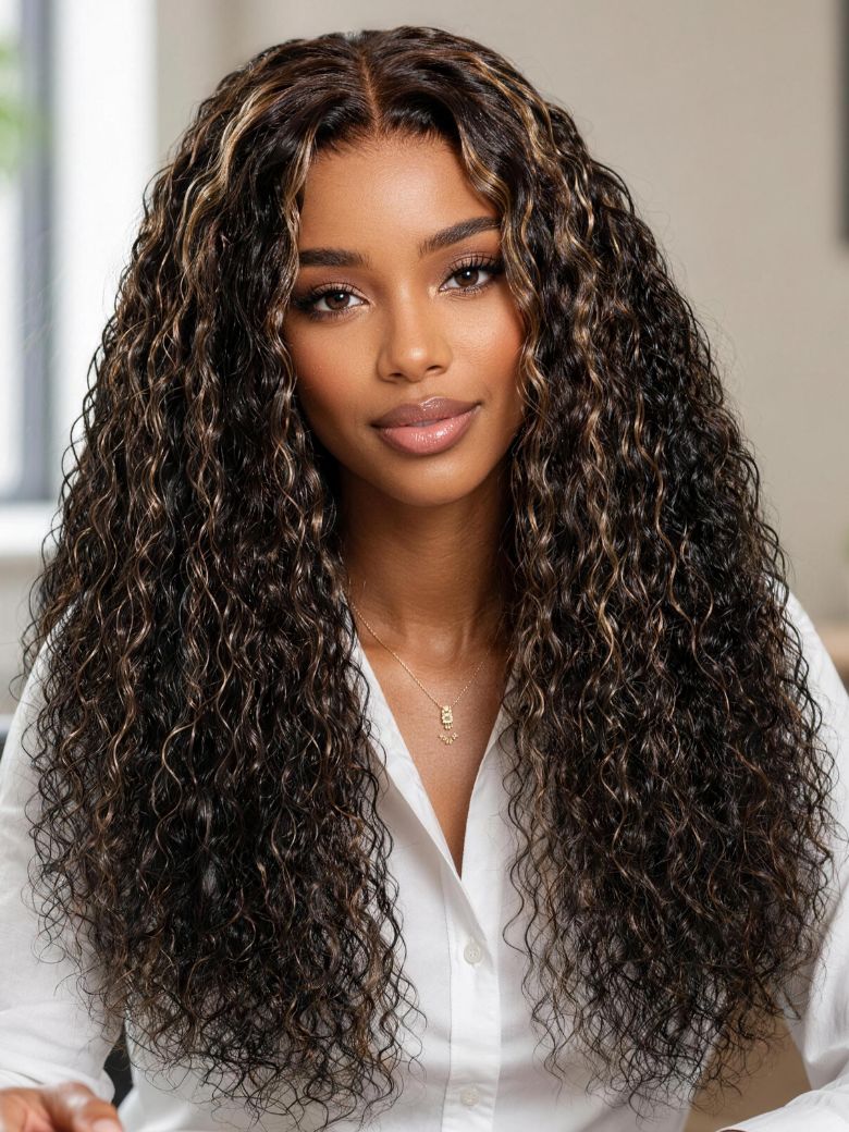 UNice Black With Blonde Highlights Water Wave Bye Bye Slip™ 7x5 Lace Glueless Human Hair Wig