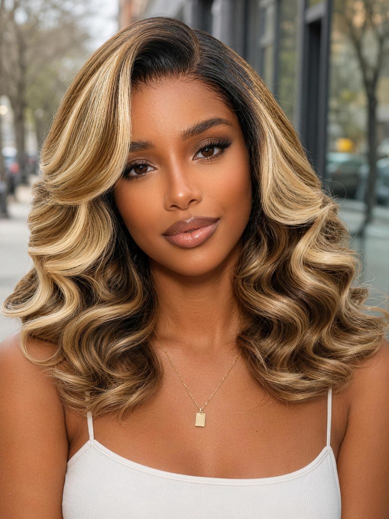 UNice Rooted Honey Blonde Highlights Layered Wavy Bob Bye-Bye Slip™ 7x5 Lace Glueless Wig