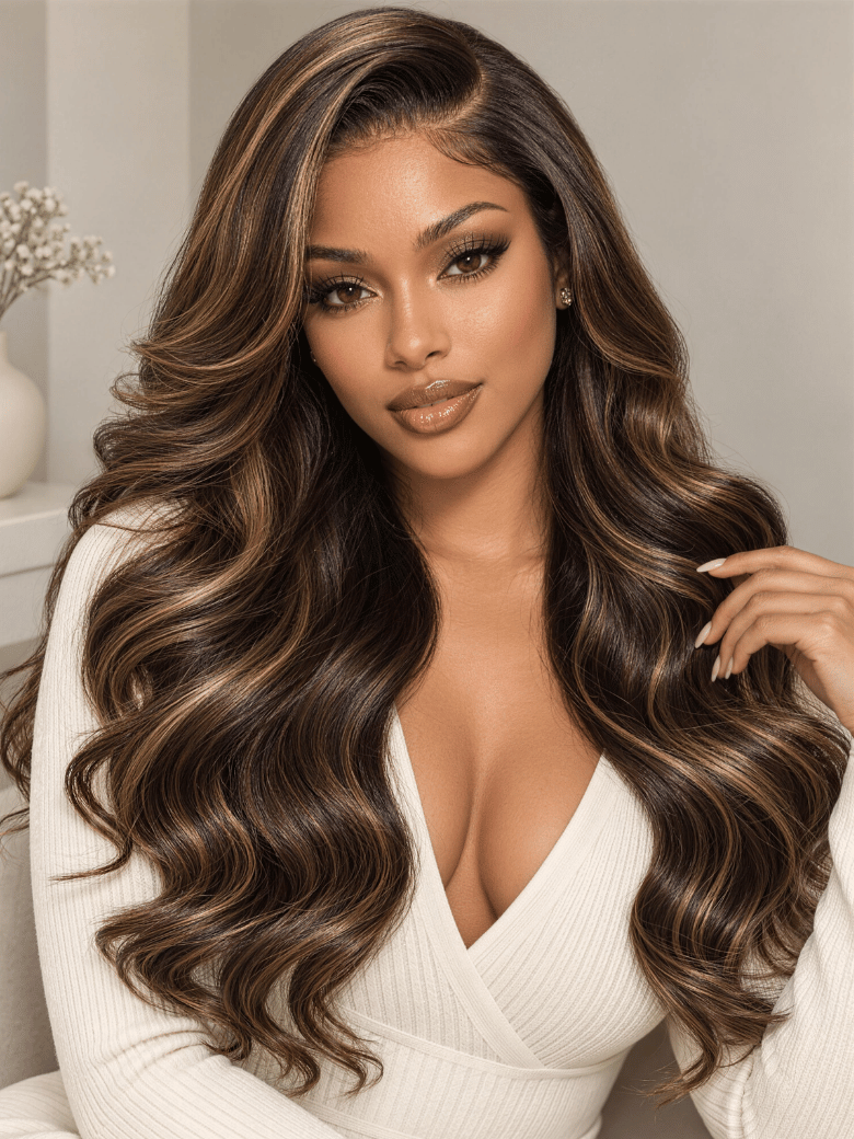 Golden Brown Highlights Side Part Body Wave Bye-Bye Slip 7x5 Easy Glueless Quality Human Hair Wig