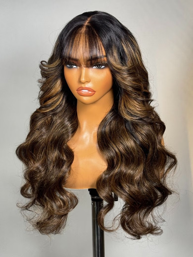 13x4 Pre-Everything™ Lace Frontal Balayage Highlights Fluffy Natural Loose Wave Wispy Bangs Drawstring Wig