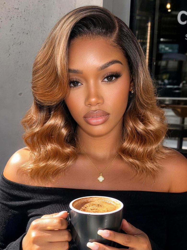 Rooted Honey Brown 90s Blowout Bob Bye-Bye Slip 7x5 Lace Glueless Human Hair Wig