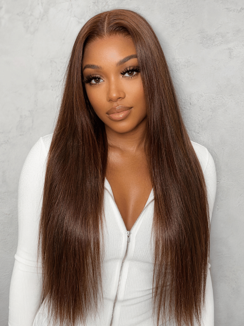 Chestnut Brown Highlights Straight Bye-Bye Slip 7x5 Lace Glueless Human Hair Wig