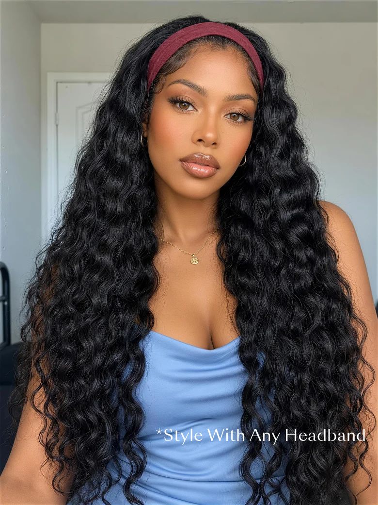 Water Wave 2-in-1 Switch Breathable Headband & Half Wig with Flexible Drawstring