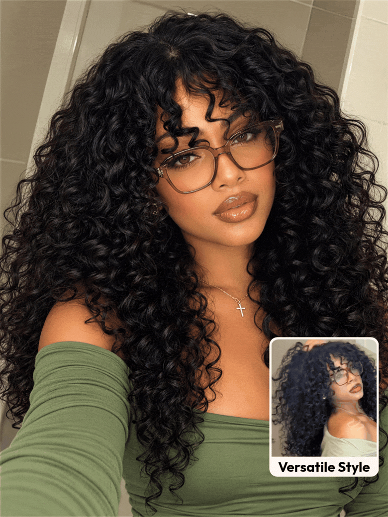 Shaggy Curly Bangs 2×4 Lace Glueless Human Hair Drawstring Wig for Beginners