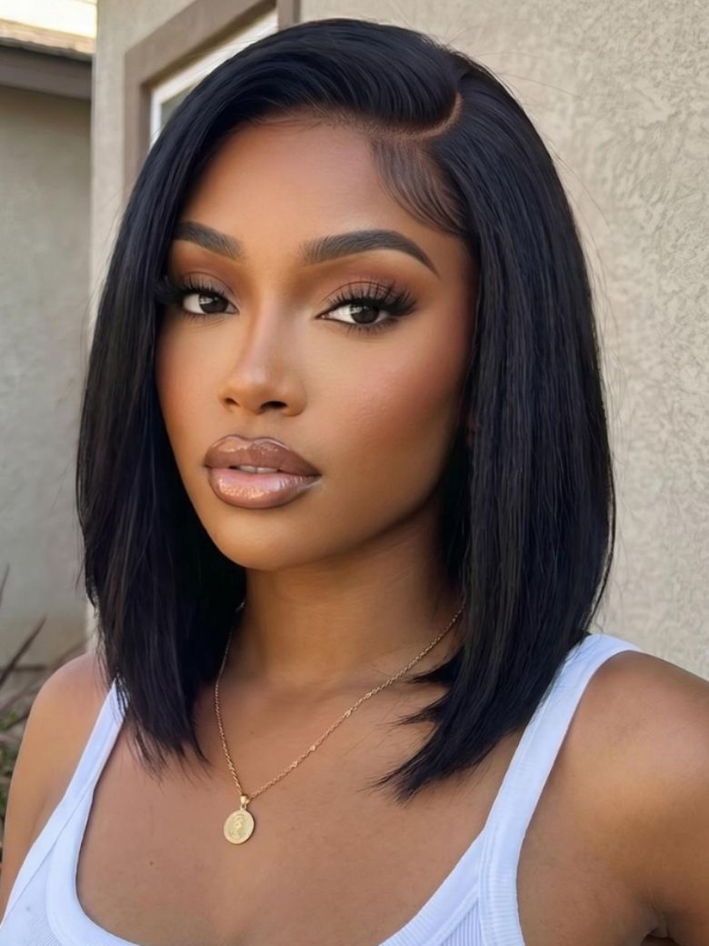 [ 220% Density ] Bye-Bye Slip 6x4 Lace Glueless Natural Black Side Part Sleek Blunt Cut Bob Wig Chin Length Straight Hair