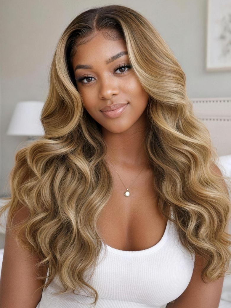 Honey Blonde Balayage Body Wave Bye-Bye Slip 7x5 Lace Glueless Human Hair Wig
