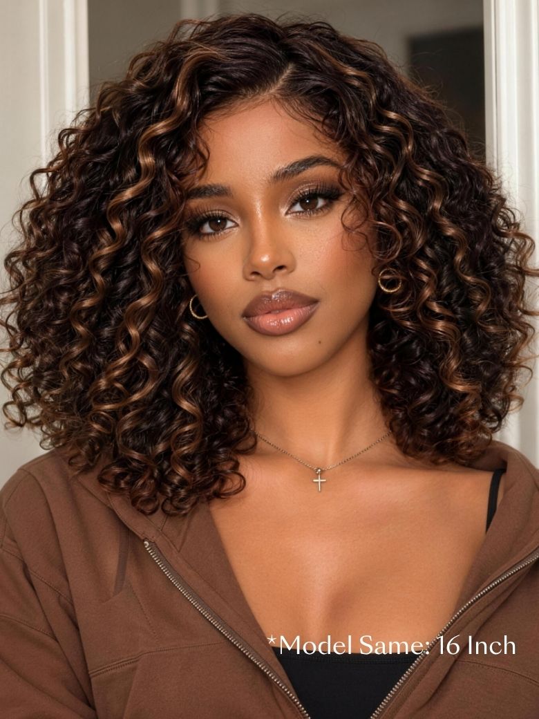7x5 Bye-Bye Slip Lace Secure Summer-Ready Golden Brown Highlights Water Wave Glueless 100% Human Hair Wig