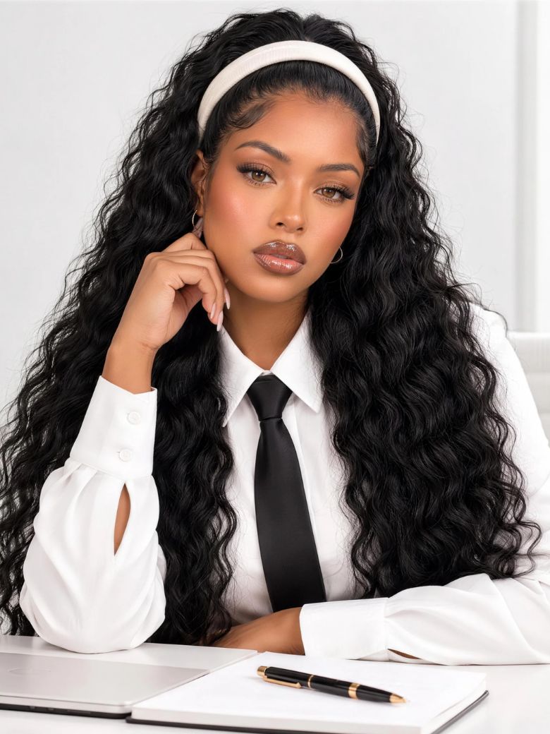 Water Wave 2-in-1 Switch Breathable Headband & Half Wig with Flexible Drawstring