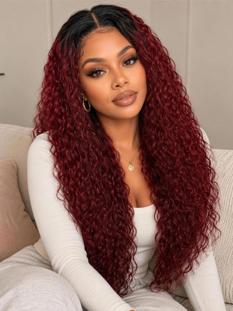 Black to Burgundy Ombre Water Wave Bye-Bye Slip 7x5 Lace Glueless Human Hair Wig