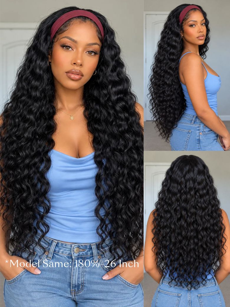 Water Wave 2-in-1 Switch Breathable Headband & Half Wig with Flexible Drawstring