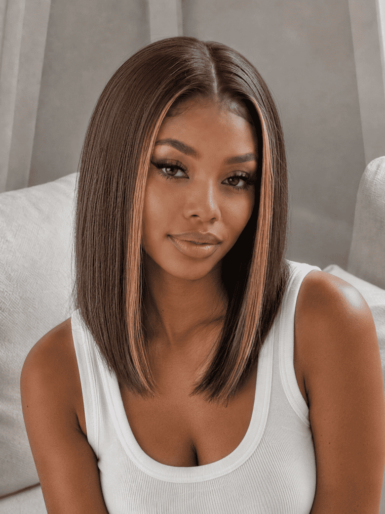 [$69] Espresso Brown With Highlights Bye-Bye Slip 7x5 Lace Middle Part Blunt Bob Wig With Invisi Drawstring
