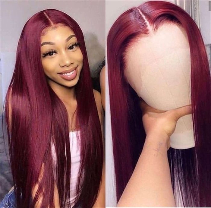 Eye Catching Color 18 Inch Burgundy 4*0.7 Middle Part Lace Closure Wig 150% Density 100% Dyed Virgin Hair
