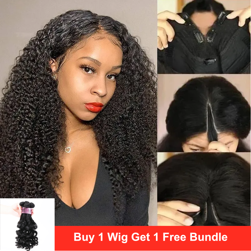 No Skilled Needed UNice V Part Kinky Curly Glueless Real Human Hair Wigs Coily Hair Wigs 150% Density Get Free Bundle