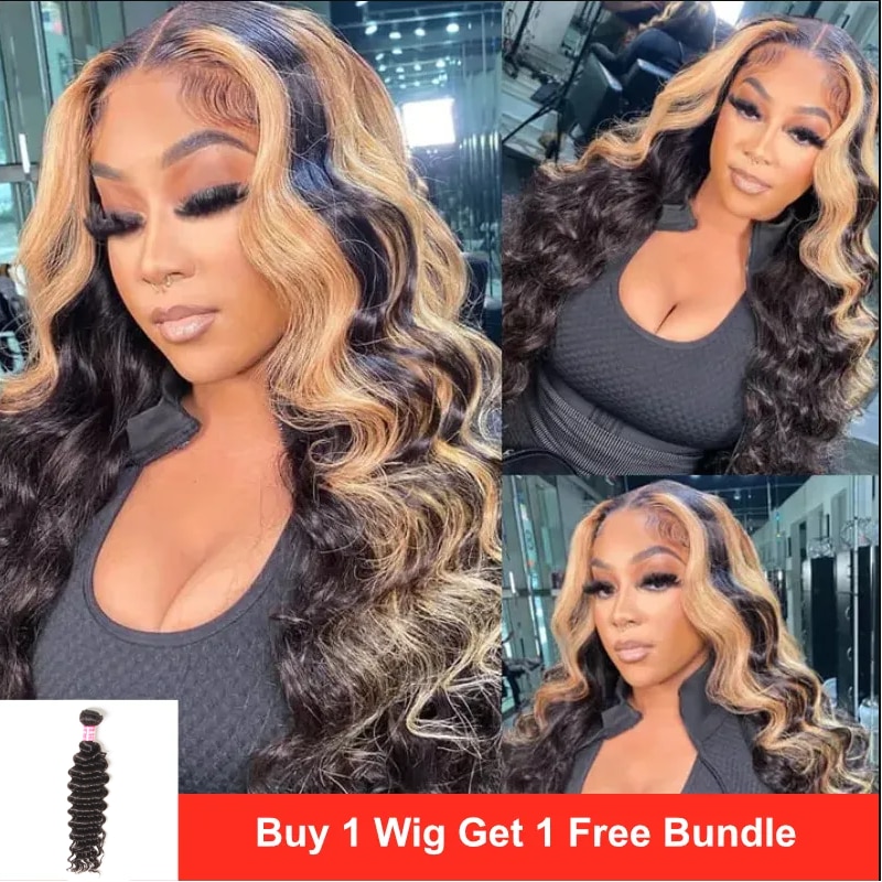 UNice Blonde Skunk Stripe Highlighted 13x4 Lace Front Deep Wave Wig Get Free Bundle