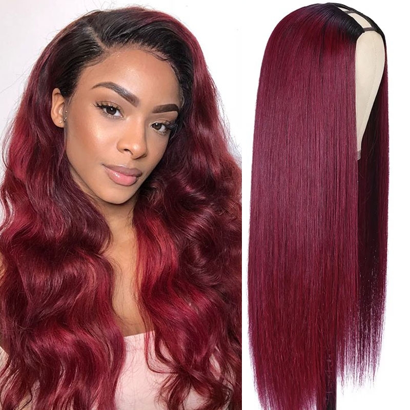 1B99J Burgundy Ombre Human Hair Straight New U Part Wig