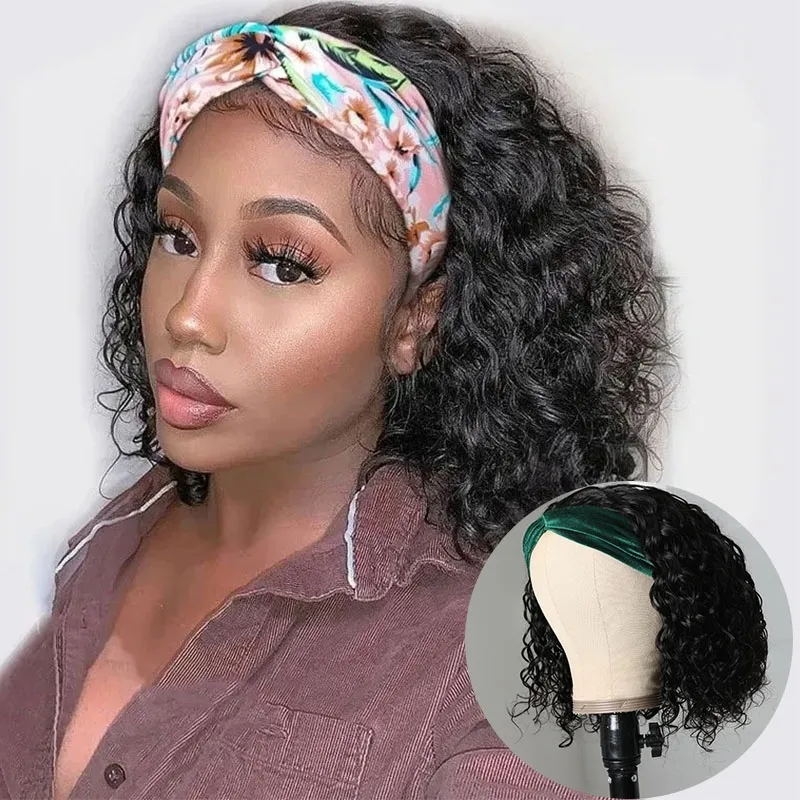 Perruque bandeau courte Bob Wig Water Wave Human Hair Wigs Perruques noires naturelles
