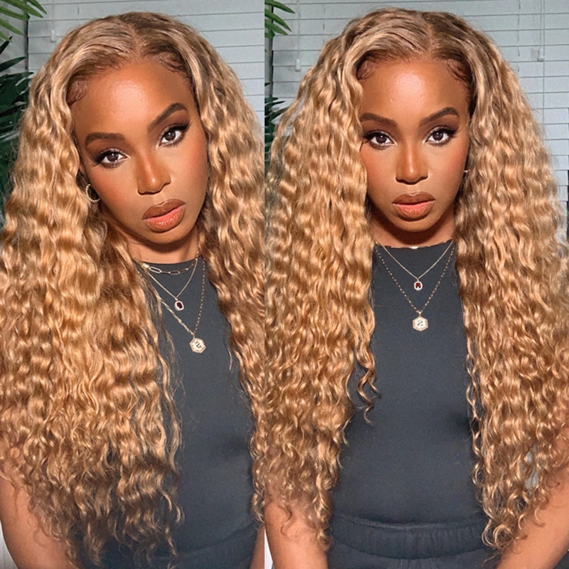UNice Honey Blonde Wig with Brown Roots Deep Wave Lace Front Wig