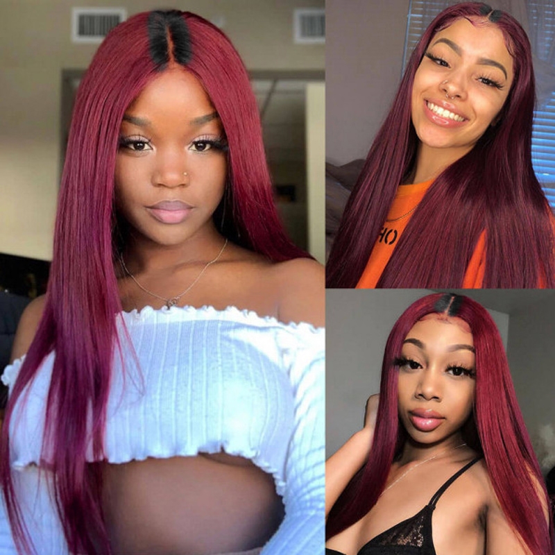 Unice 24 Inch 1B99J Burgundy Ombre Hot Cherry Human Hair Straight New U Part Wig