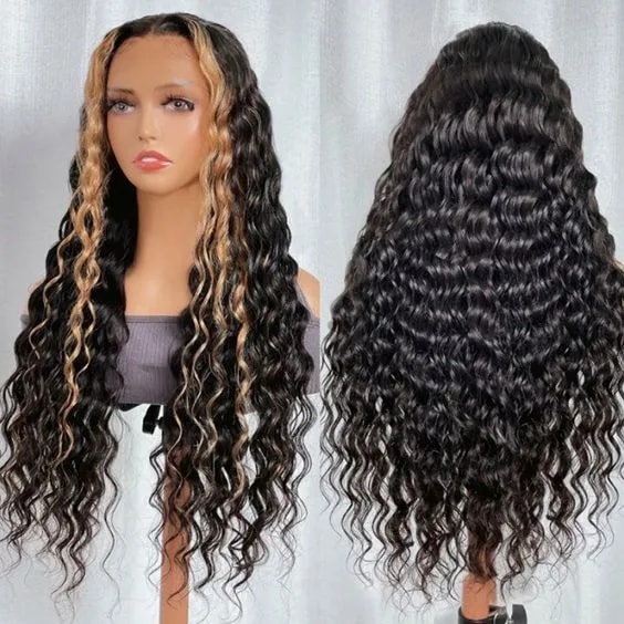 Skunk Stripe Blonde Highlighted 13x4 Lace Front Deep Wave Wig