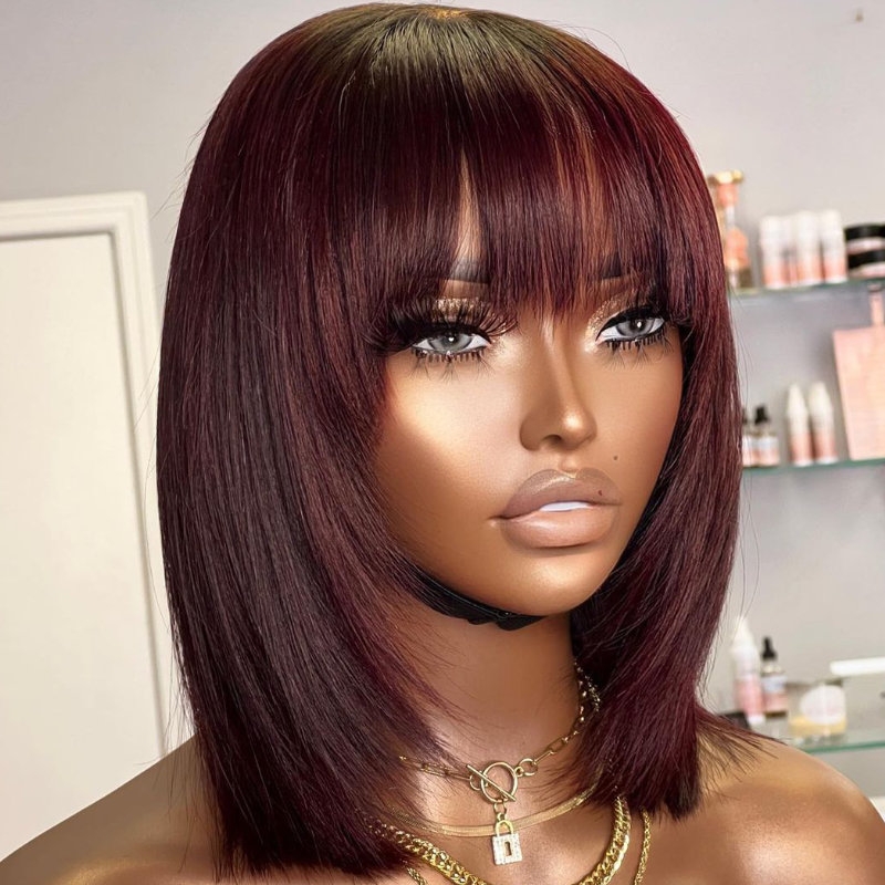 UNice Burgundy Wolf Cut 13x4 Lace Front Bob Wig Bangs