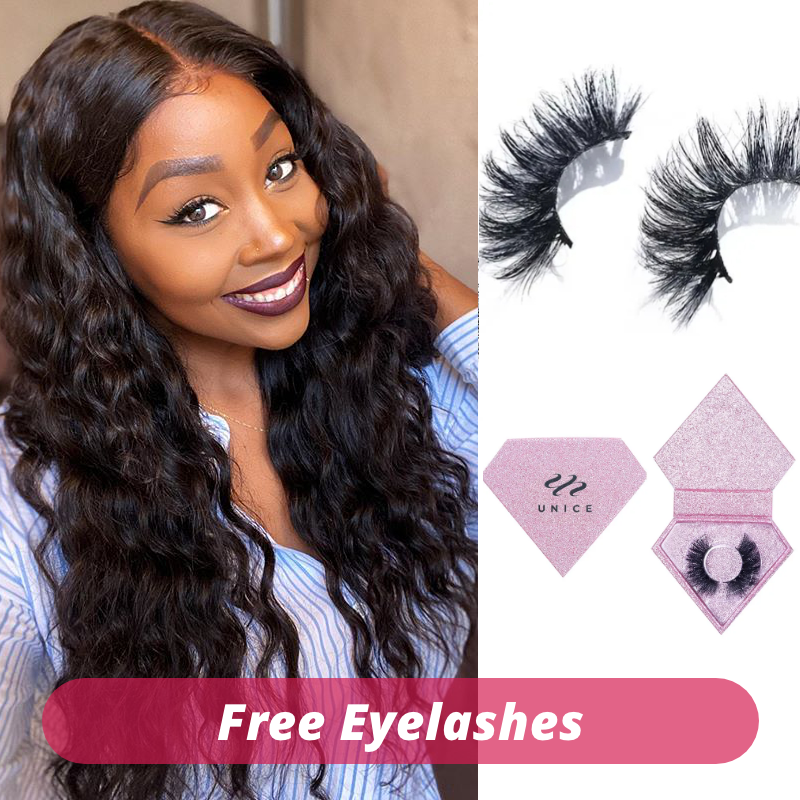 [Free Eyelashes] 6x4.5 Pre-Cut Lace Black Put On And Go Water Wave Wig