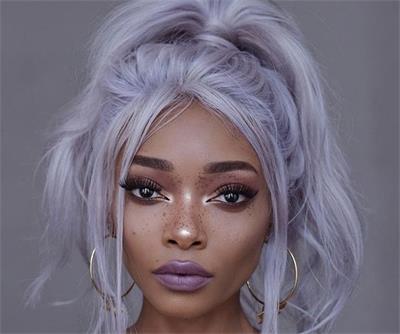 Silver purple hair with a high ponytail