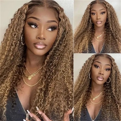 UNice Ombre Honey Blonde Money Piece Highlight Lace Front Curly Human Hair Wigs
