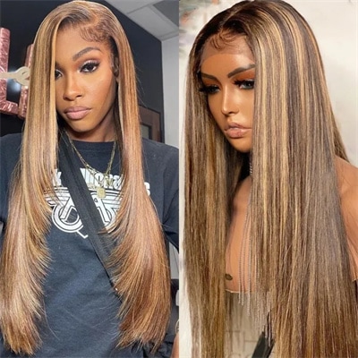 UNice Straight Honey Blond Highlight Lace Front Virgin Human Hair Wigs Pre-Plucked With Baby Hair