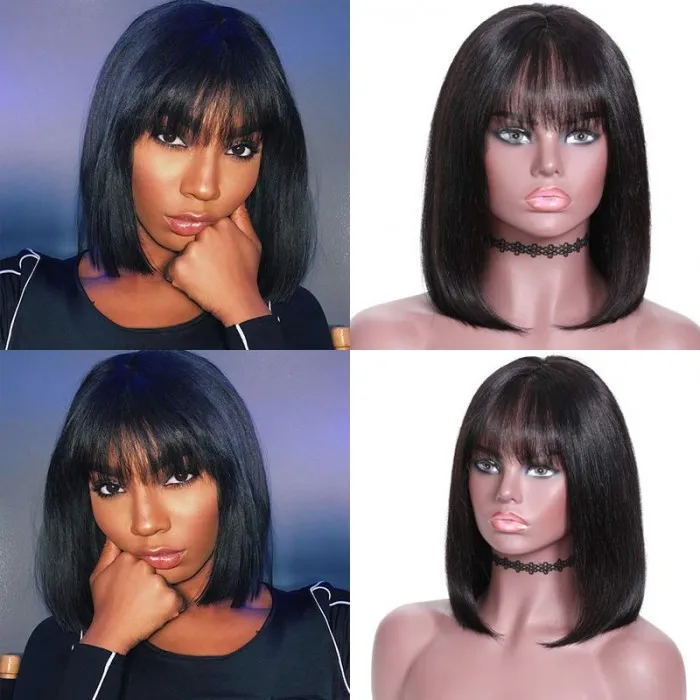 Bob Wig Lace Front Realistic Human Virgin Hair Wigs With Bangs