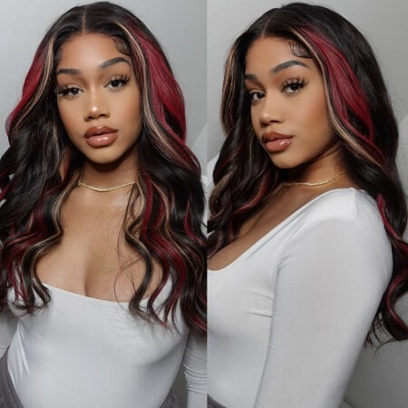 black with red and blonde highlight wig