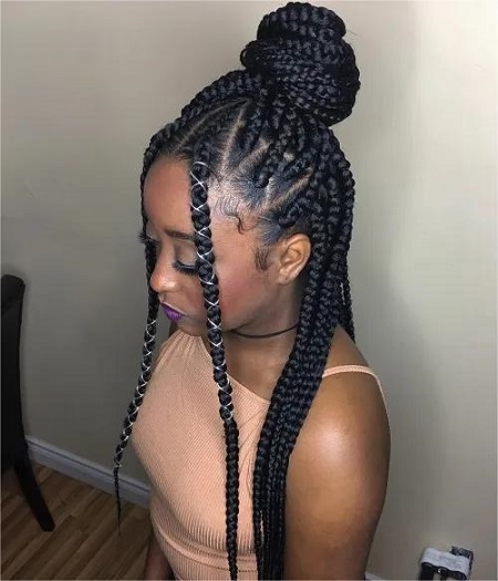half-up bun with triangle braids