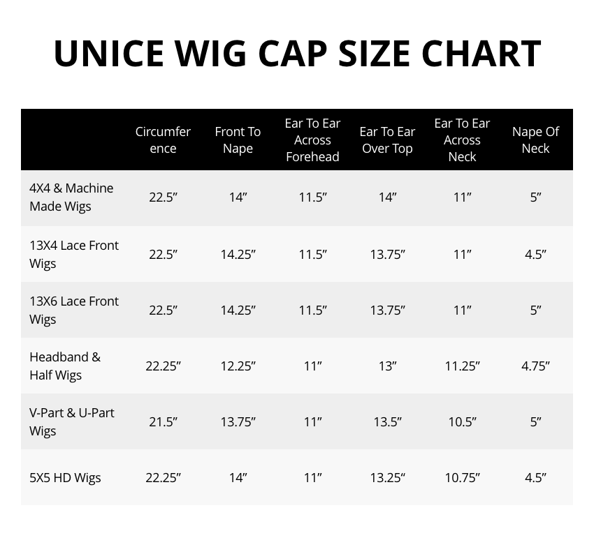 unice wig cap size chart